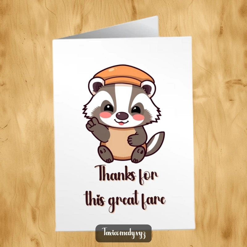Funny Free Printable Thank You Card: A badger paying taxi fare with a happy, thankful nod, conveying gratitude.