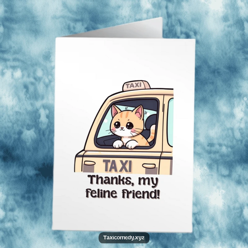 Funny Free Printable Thank You Card: Adorable cat with head out taxi window, offering a thankful ride and a happy meow.