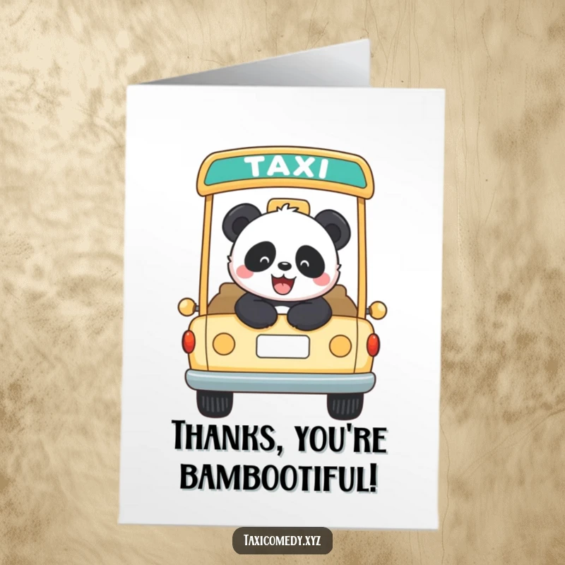 Funny Free Printable Thank You Card: Panda riding happily in an open-top taxi, expressing thanks, perfect downloadable art gift.