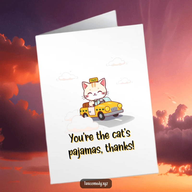 Funny free printable thank you card: A cat confidently driving a taxi on a whimsical road composed of fluffy, ethereal clouds.