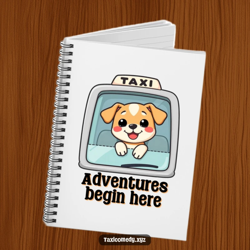 Funny Dog Taxi Notebook: A smiling dog hanging its head out of a taxi window, inspiring creativity and joy in note-taking.