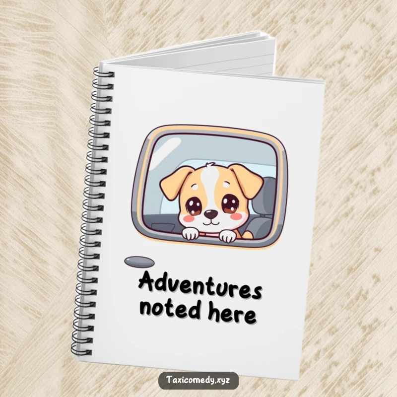 Funny dog character with wide, curious eyes looking out a taxi window, ideal for note-taking.