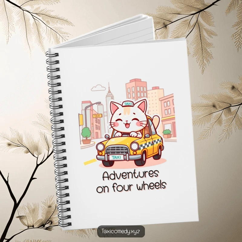 Funny notebook design featuring a happy cat driving a taxi through a city, perfect for jotting down fun ideas.
