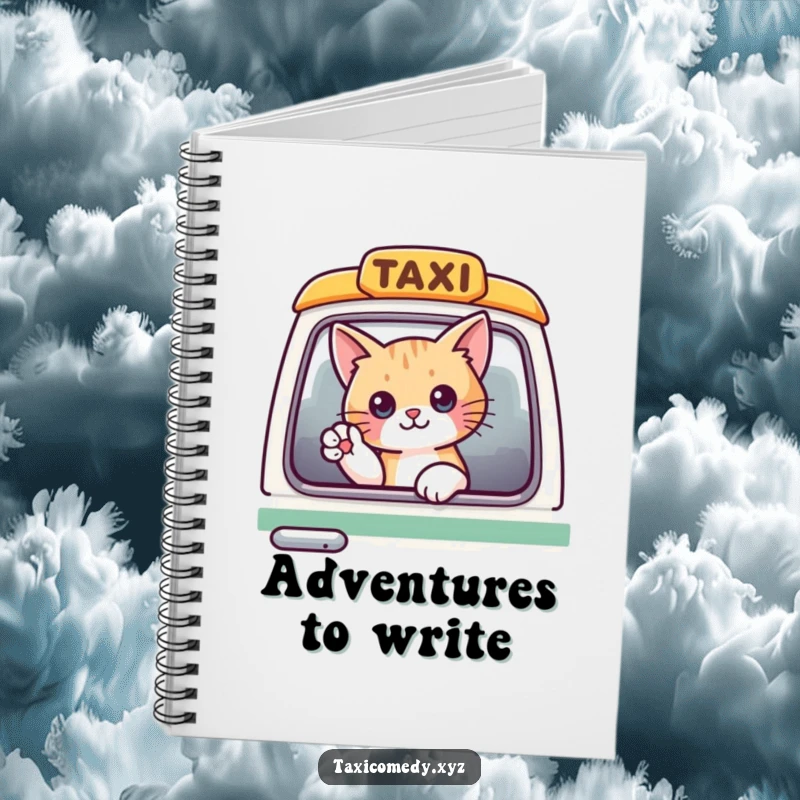 Funny cat peeking out of a taxi, waving, on the cover of a charming notebook.