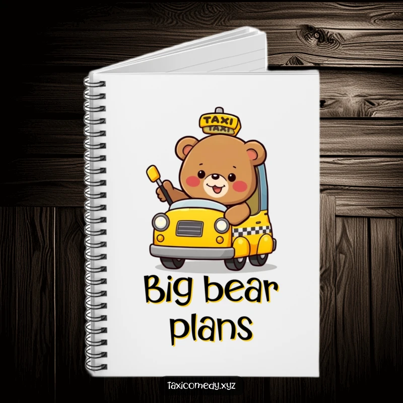 Funny bear flagging down a taxi on the cover of a charming notebook.