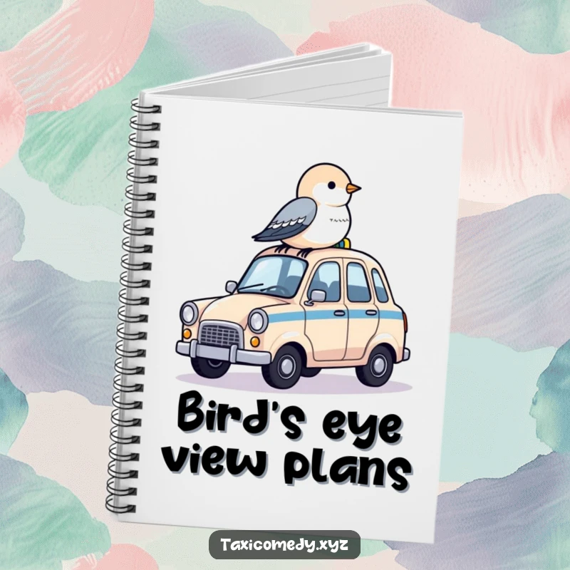 Funny notebook with a small bird on a tiny taxi roof, perfect for writing notes.
