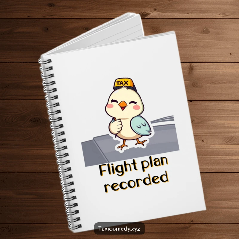 Funny bird notebook showing a bird acting as a taxi driver and giving a wink. Ideal for jotting notes.