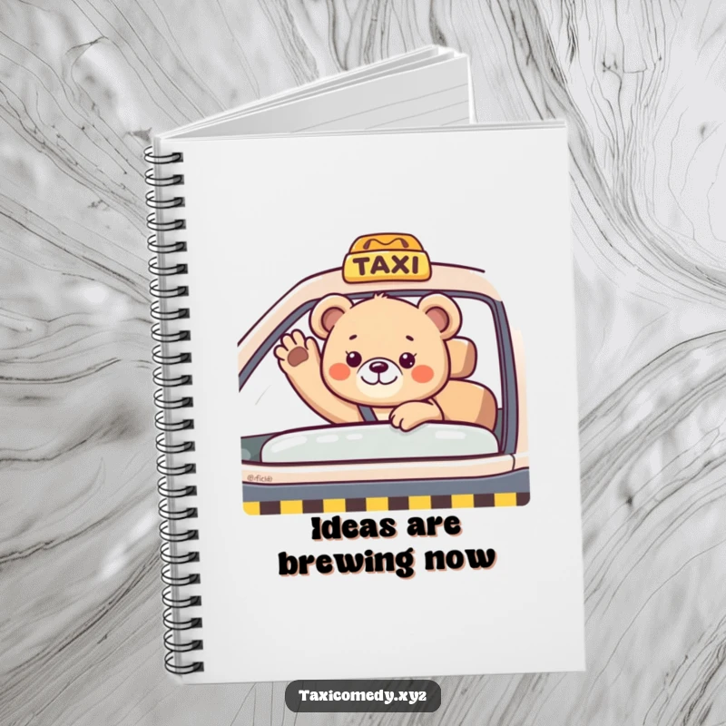 Funny bear cub waving from a taxi passenger seat. This notebook is a cute and humorous tool for all your writing needs.