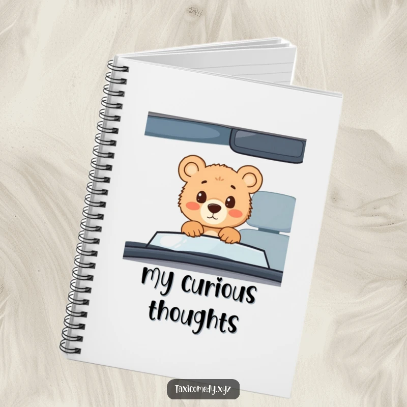 Funny bear cub taxi notebook, cover design of a curious bear cub in a taxi, perfect for jotting down notes.