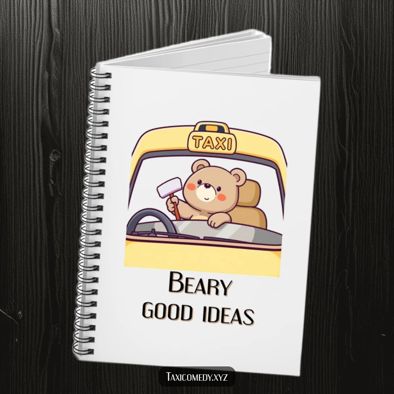 Funny bear character with happy taxi windshield polishing on a notebook cover, ideal for cheerful note-taking.
