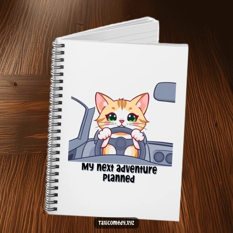 Funny cat driver notebook, an excited cat gripping a steering wheel, perfect for notes and creative thoughts.