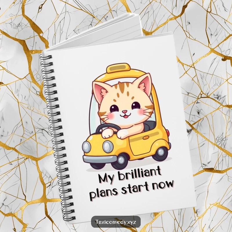 Funny notebook with a cute, smiling cat driving a tiny yellow taxi, perfect for jotting down notes and ideas.