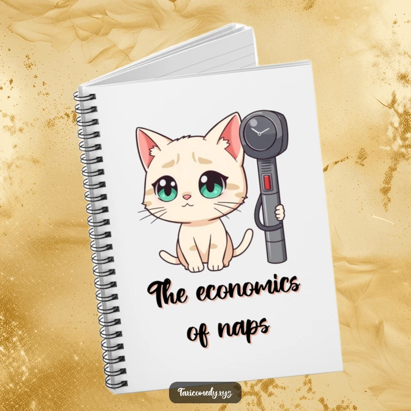 Funny notebook design with a cat character showing curiosity towards a taxi meter, great for notes and sketches.