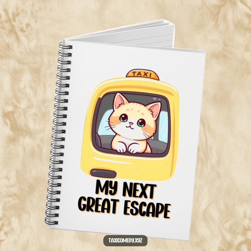 Funny cat looking out a yellow taxi window, inspiring creativity. This notebook is a humorous and functional companion for all your writing needs.