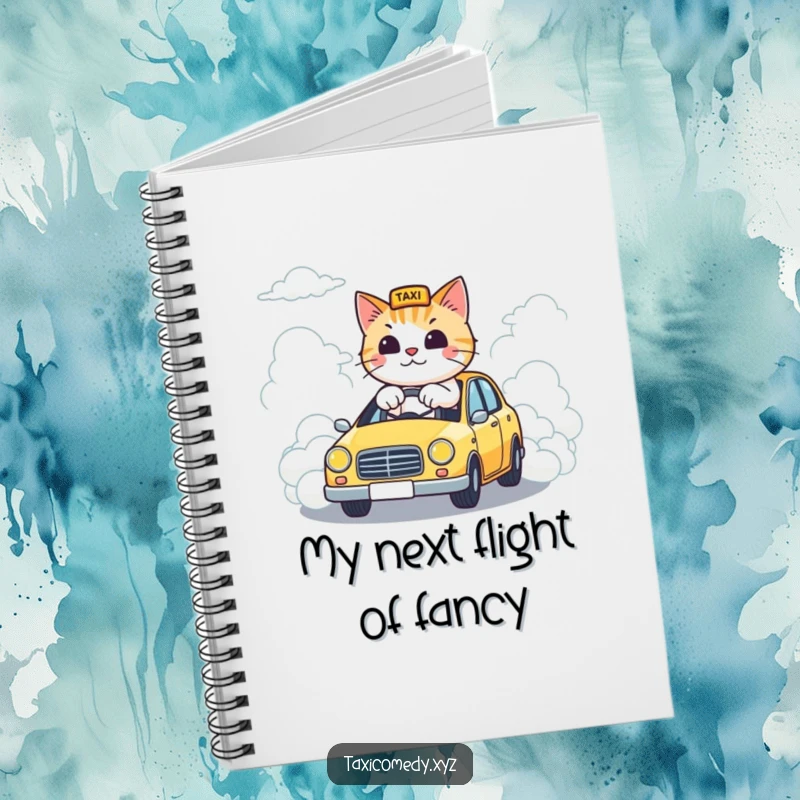 Funny notebook with a cat steering a taxi down a road made of clouds, for jotting down notes with humorous and dreamy flair.