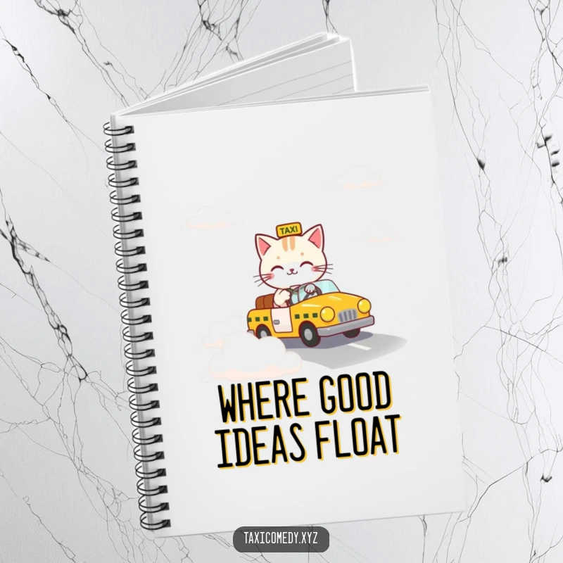 Funny notebook with a cat steering a taxi down an imaginative road made of clouds, perfect for notes.