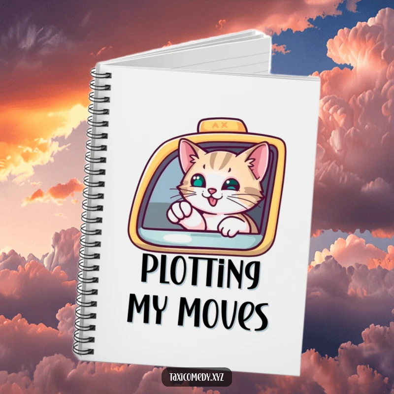 Funny Notebook featuring a curious cat peering from a taxi window, pointing with a paw, perfect for jotting funny notes.