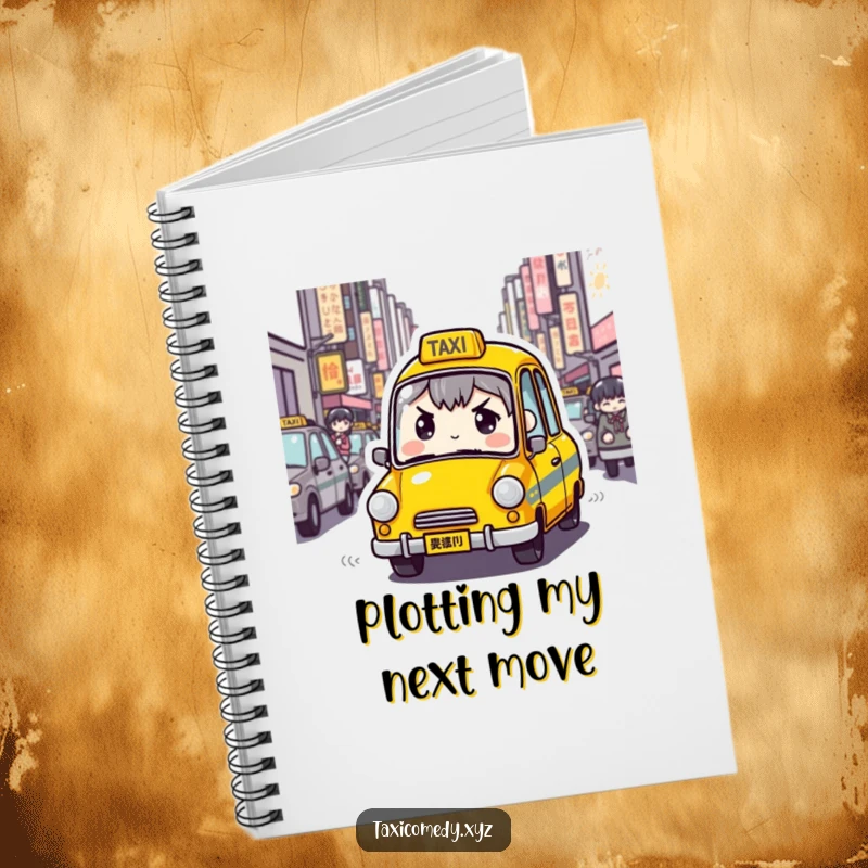 Funny Determined Taxi Notebook featuring a taxi character with a determined expression navigating crowded city streets, ideal for taking notes with urban humor.