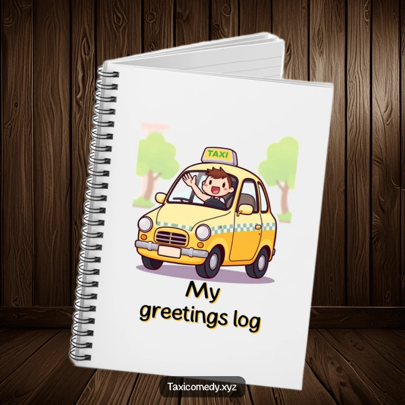 Funny notebook with an excited taxi driver waving from the window, encouraging friendly writing with automotive humor.