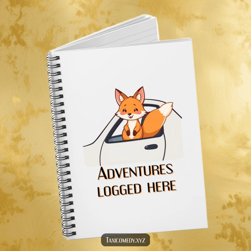 Funny fox notebook showing a cheerful fox enjoying a fast taxi ride with its head out the window. Ideal for notes.