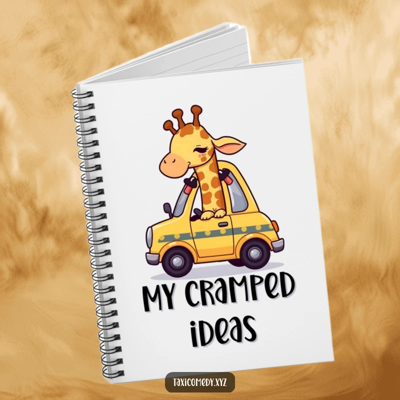 Funny giraffe character humorously squeezing into a small taxi, ideal for note-taking and planning.
