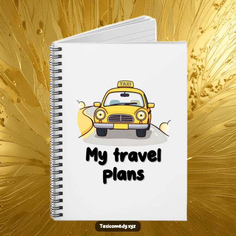 Funny notebook with a cute taxi cab driving down a winding road, encouraging travel writing with automotive humor.