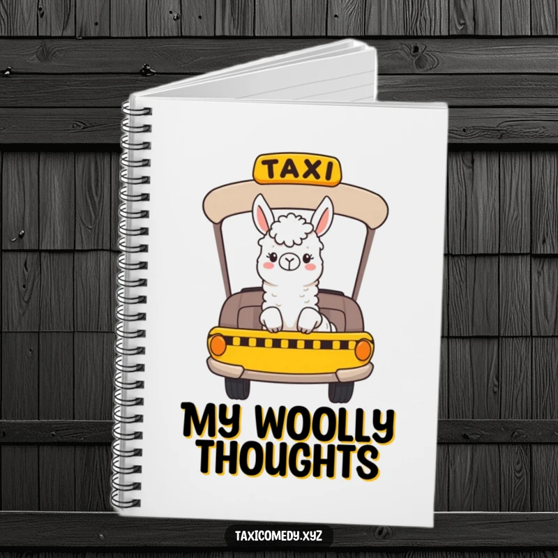 Funny notebook with a cheerful llama character riding in a taxi and looking out the window, perfect for jotting down thoughts.