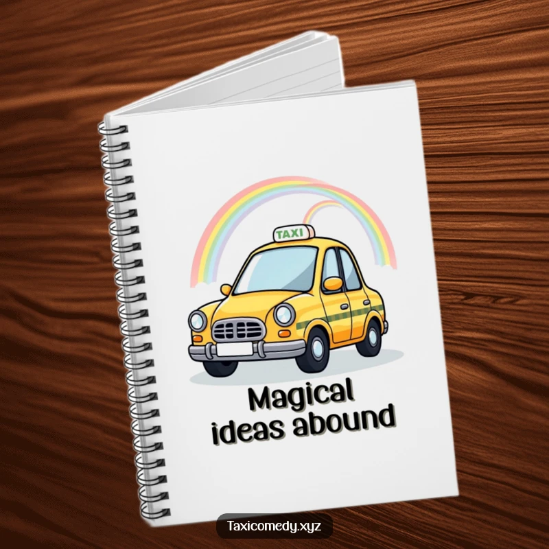 Funny Magical Taxi Notebook featuring a taxi cab with a rainbow arching over its roof, ideal for taking notes with whimsical humor.