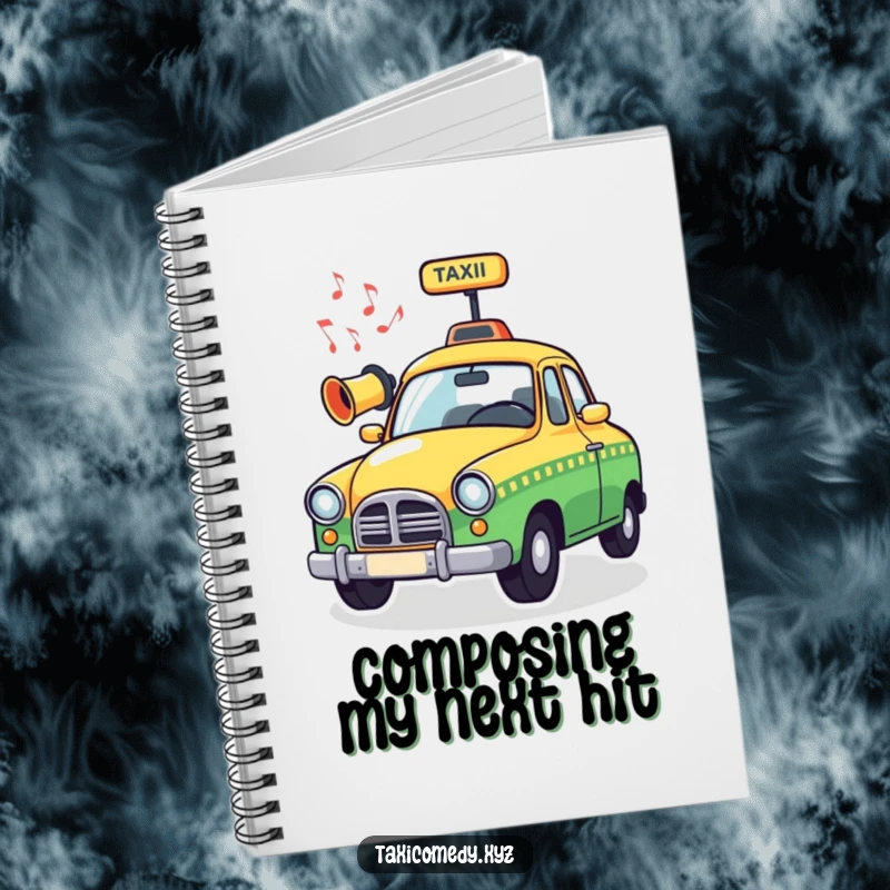 Funny Musical Taxi Notebook featuring a whimsical taxi horn emitting musical notes, ideal for taking notes with a dose of musical humor.