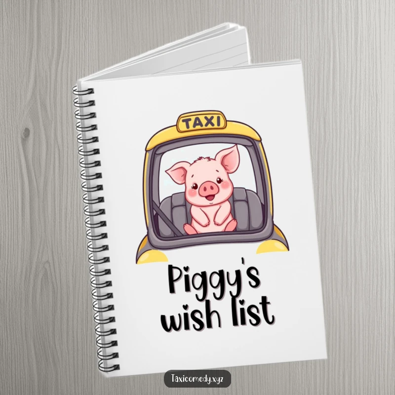 Funny notebook with a happy piglet in a taxi, perfect for writing notes.