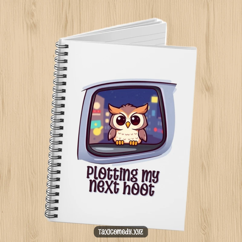 Funny owl notebook with a cheerful owl looking out a taxi window at night, ideal for recording notes with a touch of humor.