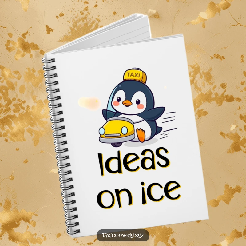 Funny penguin character looking delighted as a taxi zooms by on a notebook cover, ideal for cheerful note-taking.