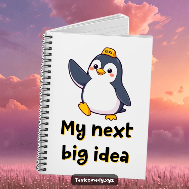 Funny notebook with a cheerful penguin raising its wing to hail a taxi, perfect for jotting down notes and funny observations.