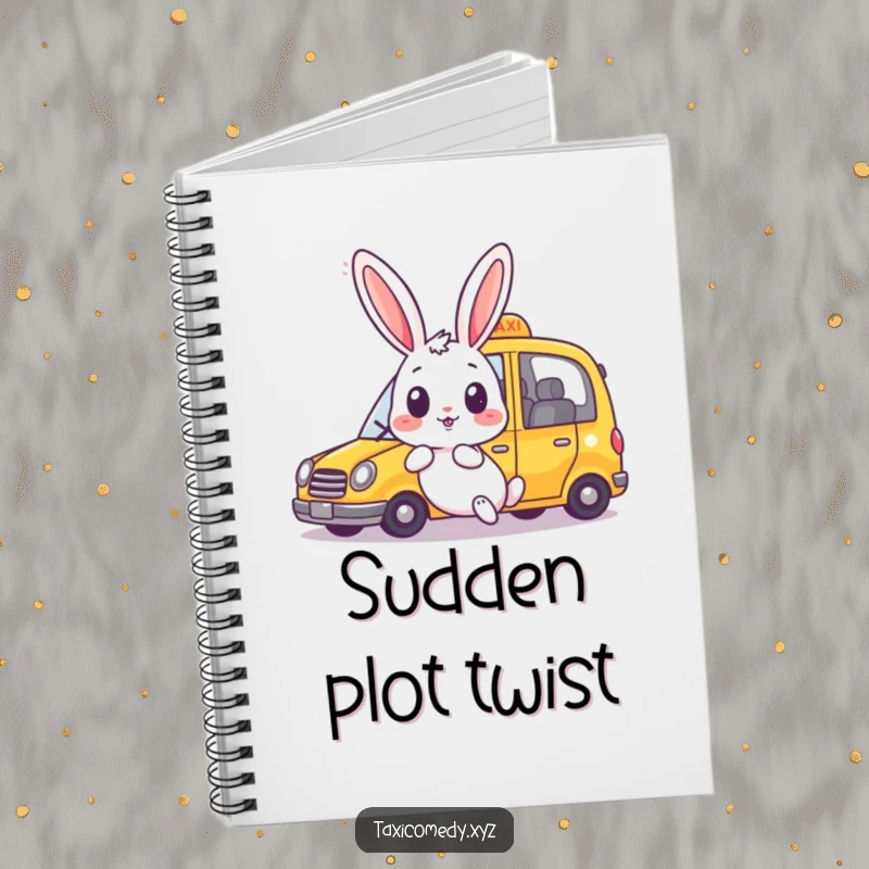 Funny rabbit notebook showing a surprised bunny as a taxi speeds past happily. Ideal for jotting down thoughts.