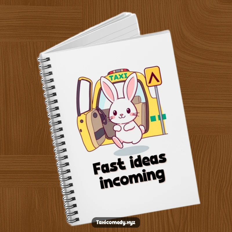 Rabbit hopping into a taxi on the cover of a charming notebook.