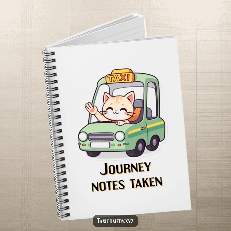 Funny notebook cover: a cat driver in a taxi waves goodbye, ideal for jotting down travel thoughts and farewells.