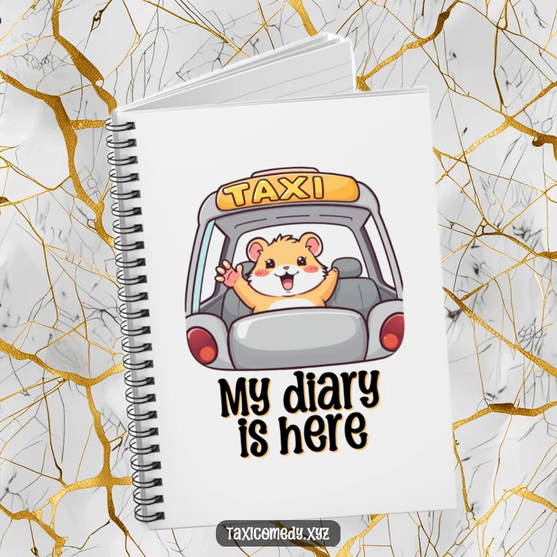Funny hamster taxi notebook, cover art of a hamster waving from a taxi, ideal for scribbling funny ideas.