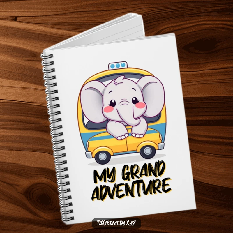 Funny notebook with a joyful elephant with big smiles, looking out the window of a toy taxi, for jotting down notes.
