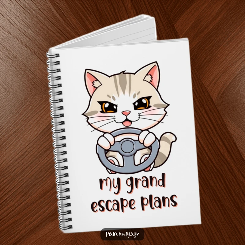Funny cat notebook cover featuring a determined cat character gripping a steering wheel, symbolizing taking control.