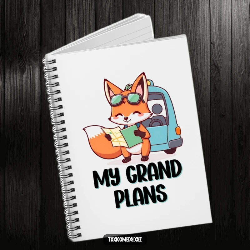 Funny notebook cover featuring a fox with a map giving directions to a taxi driver, designed to inspire clever planning and organized note-taking.