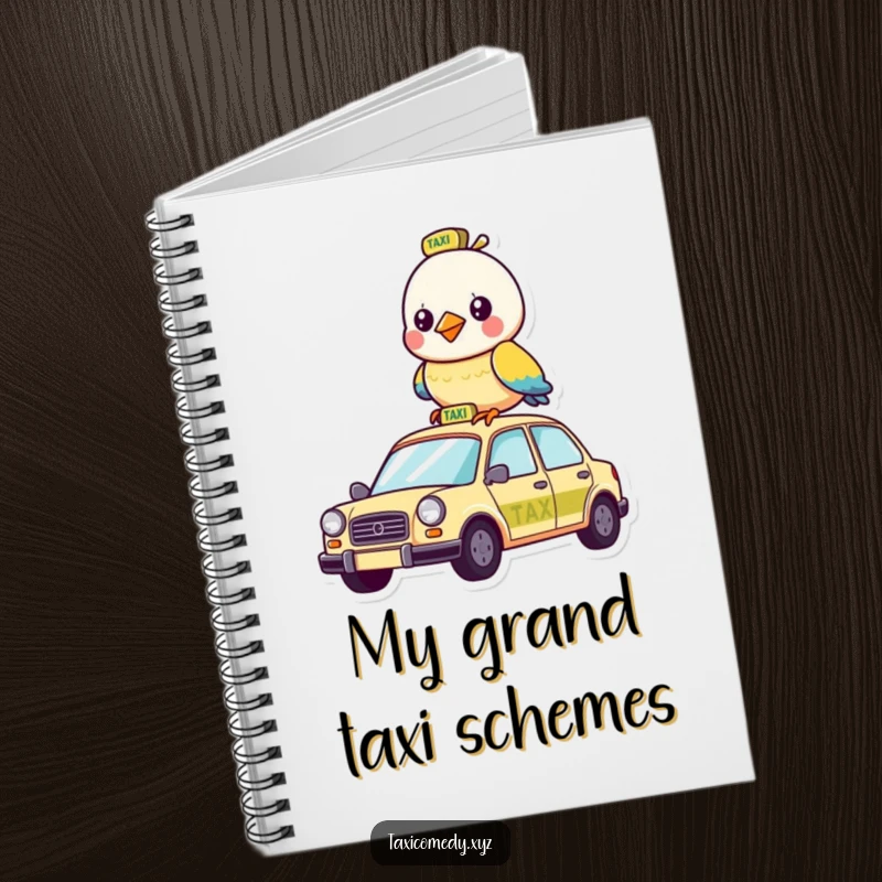 Funny notebook with a playful bird character humorously taking a taxi ride across the cover.