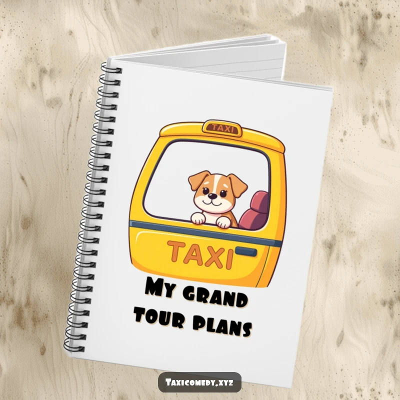 Funny dog taxi notebook, lined pages with a dog in a taxi cover, perfect for jotting down funny thoughts.