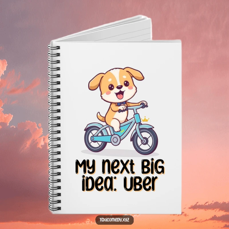 Funny dog pedaling a small taxi like a bicycle, a humorous notebook for creative writing.