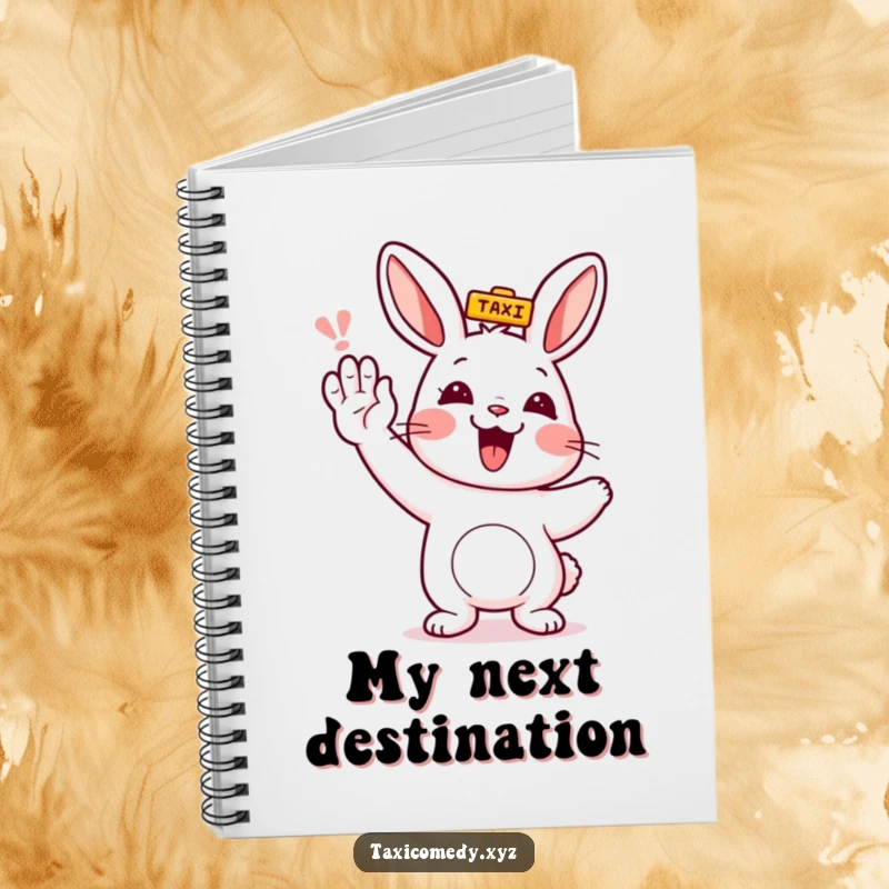 Funny rabbit character humorously hailing a taxi, perfect for jotting down notes and ideas.