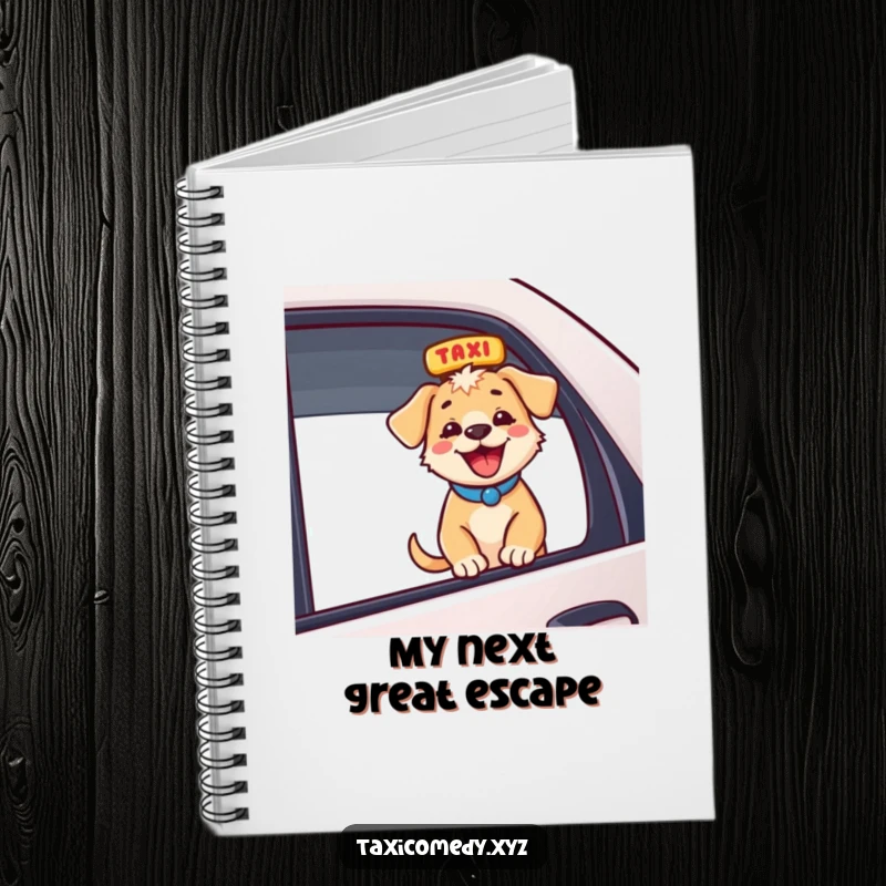 Funny energetic puppy sticking head out taxi, barking, creative funny gift notebook for writers and students.