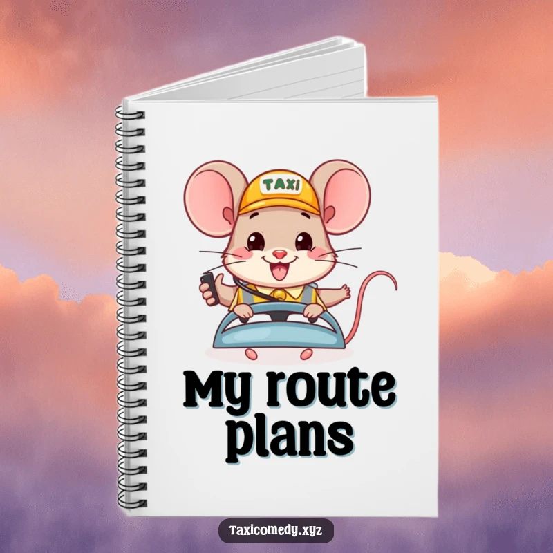 Funny notebook cover: a happy mouse wearing a headset cheerfully dispatches taxis, ideal for jotting down cheerful thoughts.