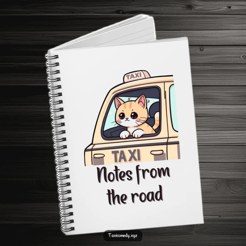Funny Cat notebook featuring a cat passenger with its head out of a taxi window, making note-taking a fun and adventurous experience.