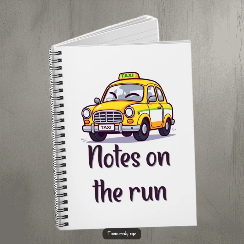 Funny notebook featuring a stylized taxi winking as it speeds away, perfect for capturing thoughts with a humorous and energetic touch.