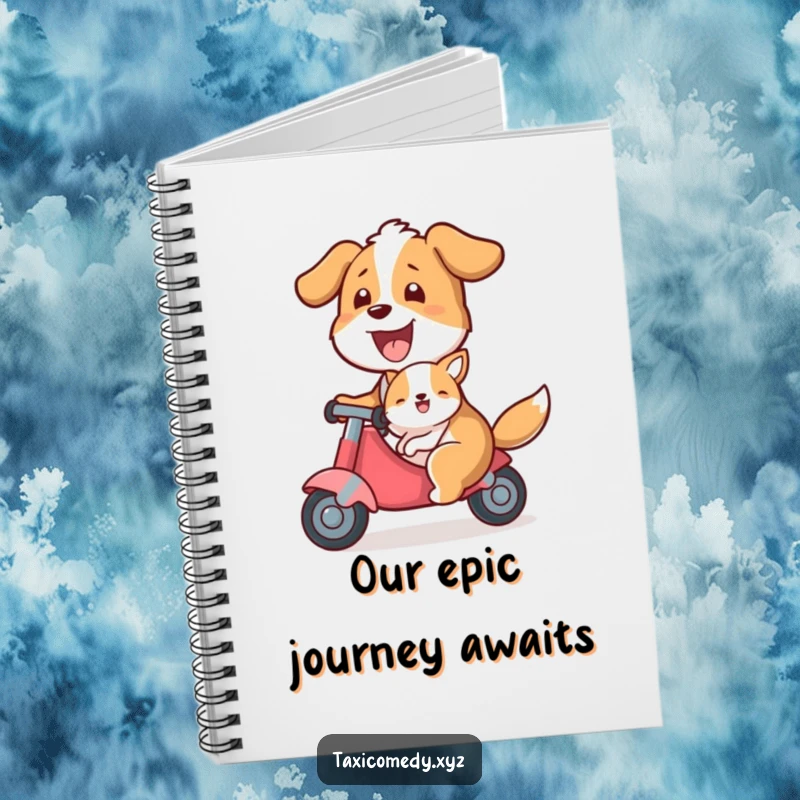 Funny notebook with a dog happily giving a ride to a smaller animal passenger, for jotting down notes with humorous and heartwarming charm.