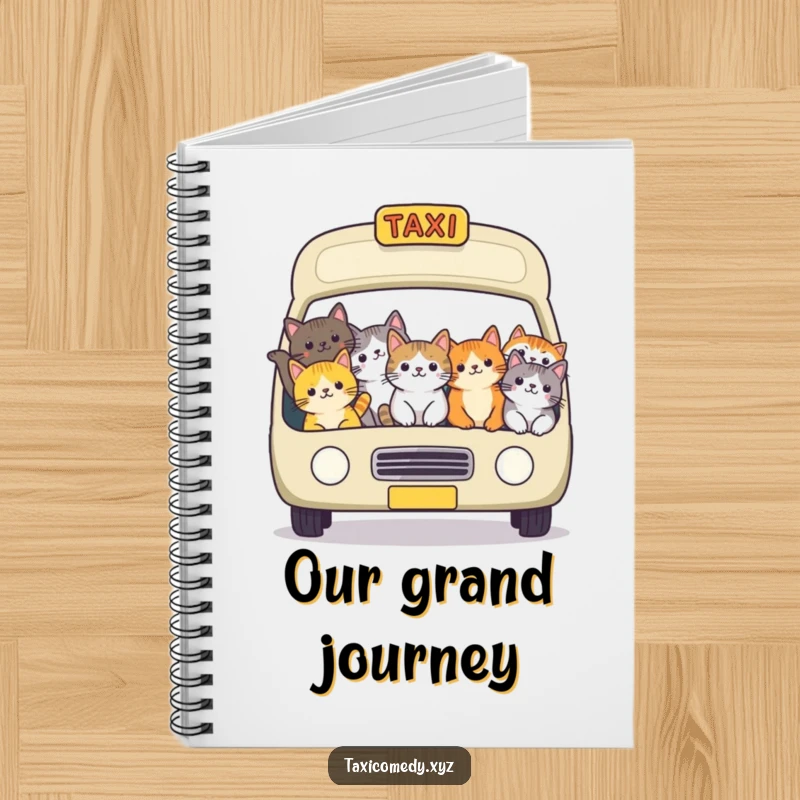 Funny cat taxi notebook featuring a cheerful group of cats packed into a vehicle, designed for capturing notes with feline charm.